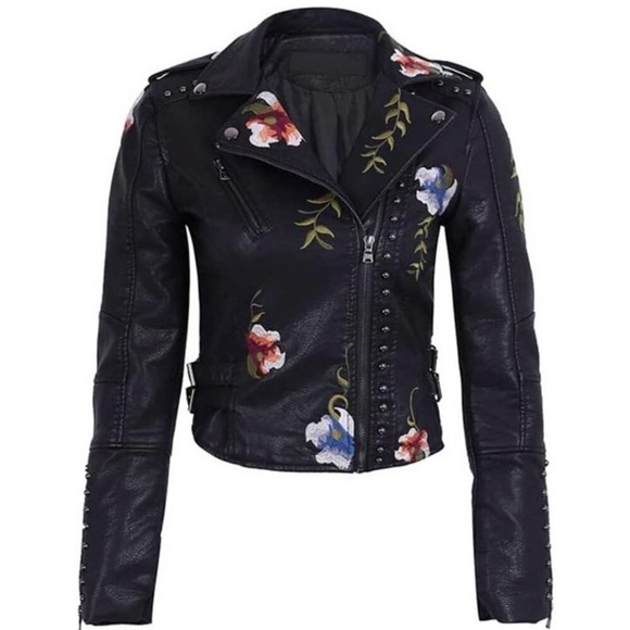 🎉Chic Boho Gorgeous Floral Print Embroidery Faux Leather Moto Bomber Jacket S - Picture 4 of 16